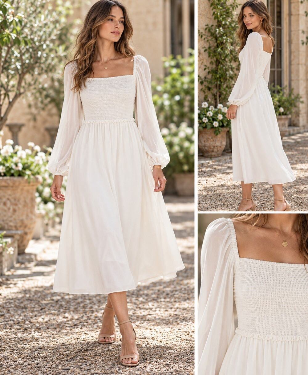 Aritzia Wilfred Tempest Midi Dress Light Birch White Peasant Size Medium NWT